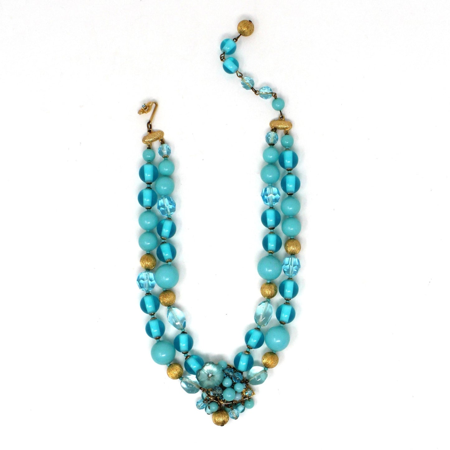 Necklace, DeMario, Double Strand Aqua Blue and Gold Beaded Necklace, Vintage