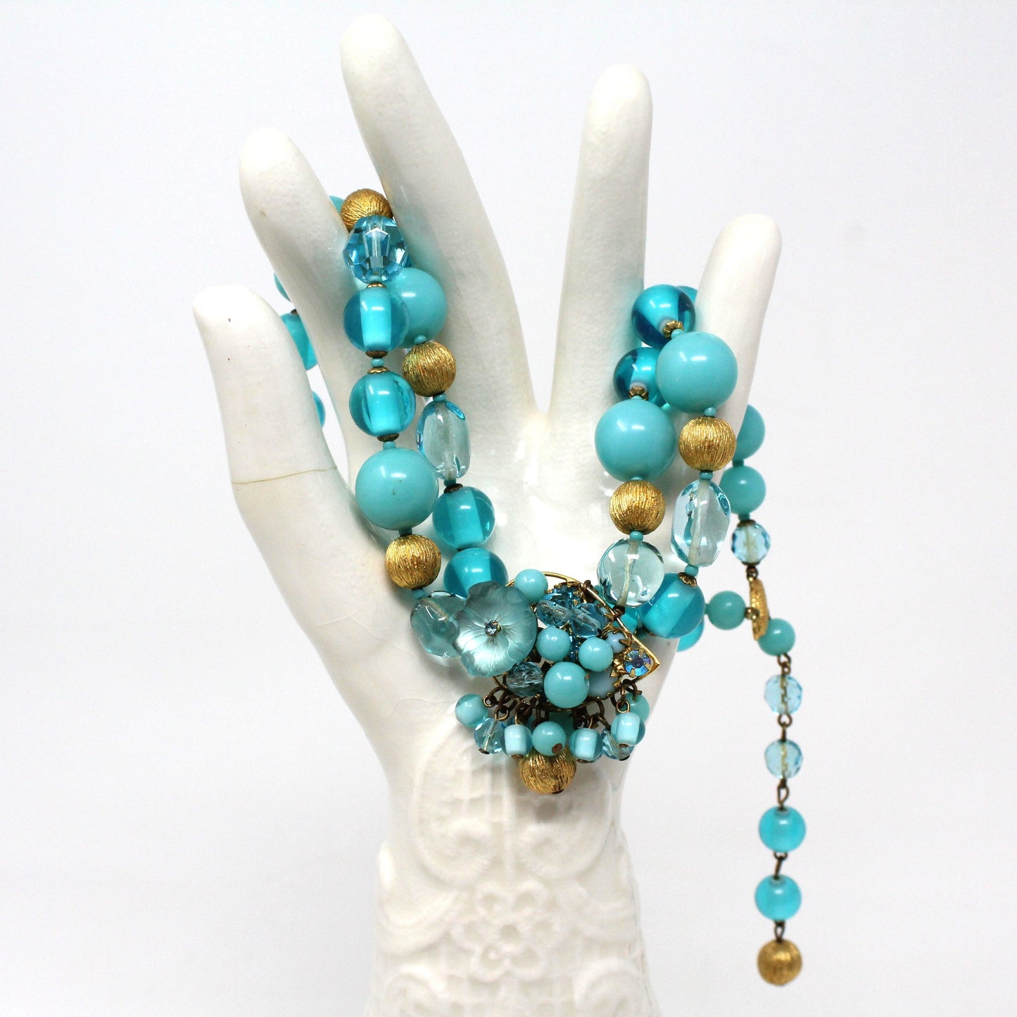 Necklace, DeMario, Double Strand Aqua Blue and Gold Beaded Necklace, Vintage