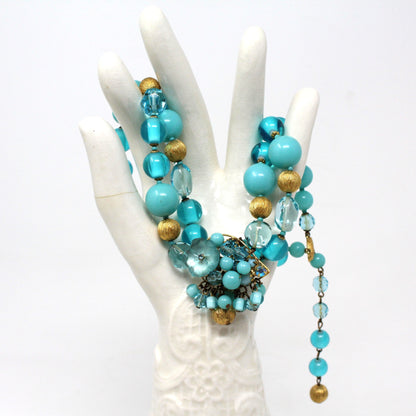 Necklace, DeMario, Double Strand Aqua Blue and Gold Beaded Necklace, Vintage