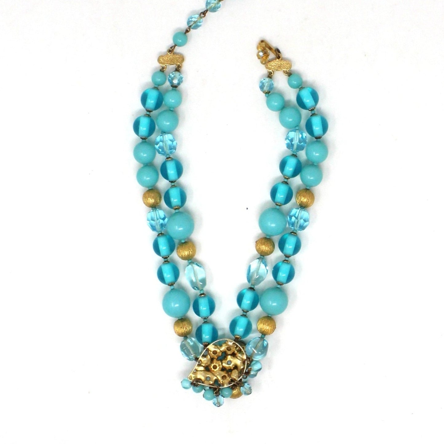 Necklace, DeMario, Double Strand Aqua Blue and Gold Beaded Necklace, Vintage