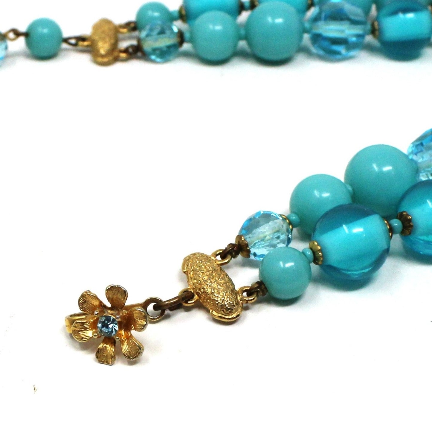 Necklace, DeMario, Double Strand Aqua Blue and Gold Beaded Necklace, Vintage