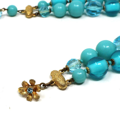 Necklace, DeMario, Double Strand Aqua Blue and Gold Beaded Necklace, Vintage