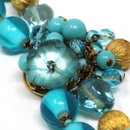 Necklace, DeMario, Double Strand Aqua Blue and Gold Beaded Necklace, Vintage