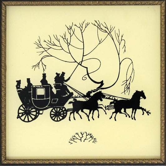Silhouette, Reliance Co, "A Fresh Team", Reverse Painted Enamel on Glass, Framed, Vintage
