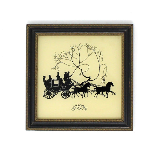 Silhouette, Reliance Co, "A Fresh Team", Reverse Painted Enamel on Glass, Framed, Vintage