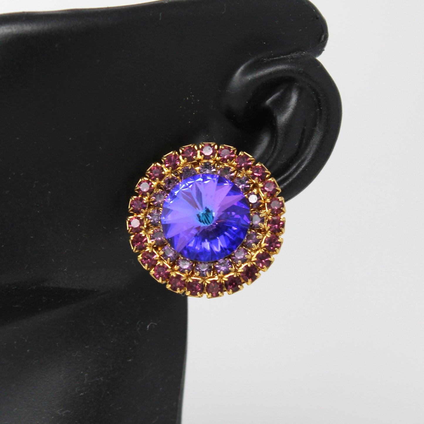 Earrings, Purple Heliotrope Large Rhinestones, Round Clip-On, Vintage
