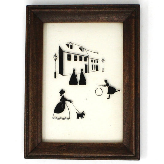 Silhouette, Victorian Street Scene, Reverse Painted Glass, Framed, Vintage
