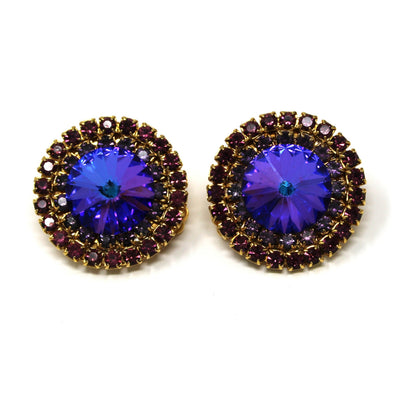 Earrings, Purple Heliotrope Large Rhinestones, Round Clip-On, Vintage