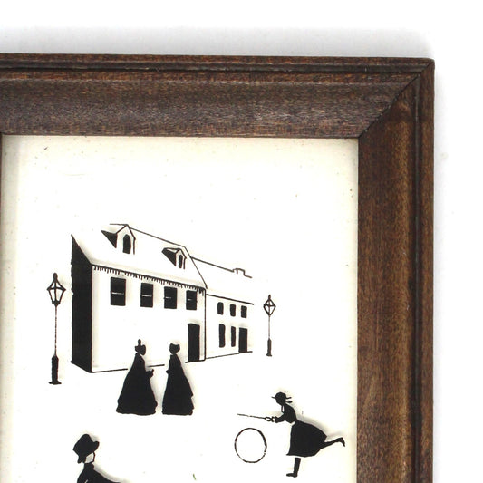 Silhouette, Victorian Street Scene, Reverse Painted Glass, Framed, Vintage