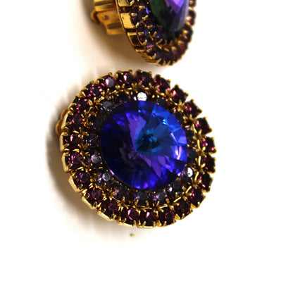 Earrings, Purple Heliotrope Large Rhinestones, Round Clip-On, Vintage
