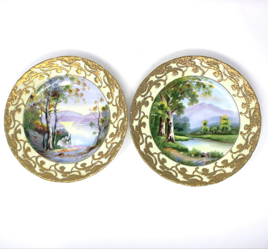 Decorative Plate, Ucagco, Summer & Fall Hand Painted Landscapes Artist Signed Miya, Set of 2, Japan, Vintage