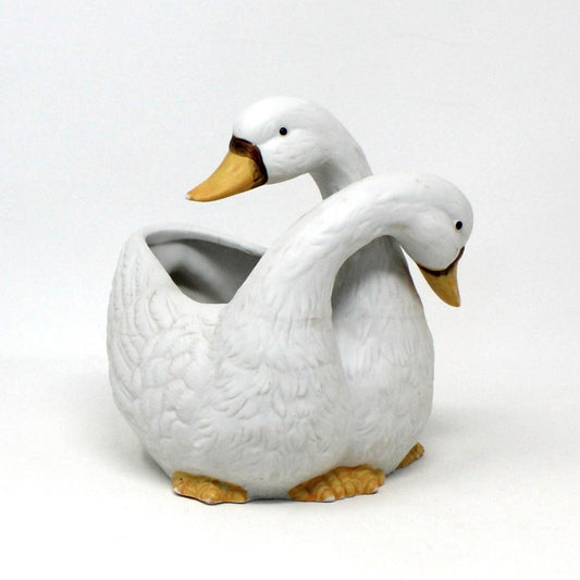Planter, Holland Floral, Two White Geese / Ducks Cachet Pot, Vintage Ceramic