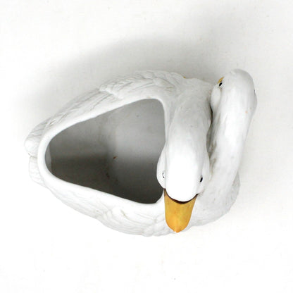 Planter, Holland Floral, Two White Geese / Ducks Cachet Pot, Vintage Ceramic