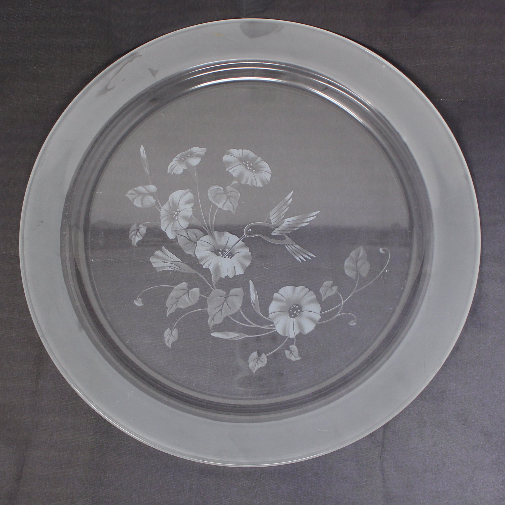 Vintage Serving Platter / Torte Plate. Hummingbird & Morning Glory Retired Avon Pattern, Frosted French Crystal