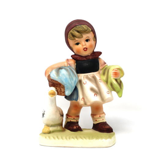 Vintage Figurine, Hummel Style Girl with Laundry Basket and Goose, Hand Painted Bisque Porcelain, Brinn's Collectible 