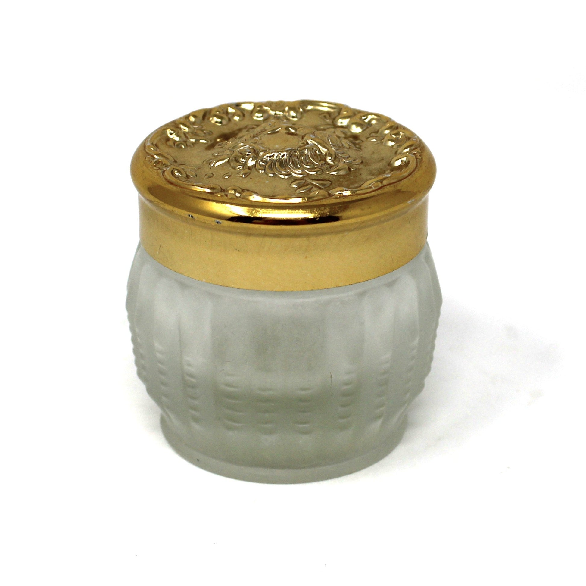 Vintage Mid Century Makeup Frosted Glass Jar, Golden Ornate Embossed Lid. Empty Estée Lauder Re-Nutriv Soufflé Collectible.