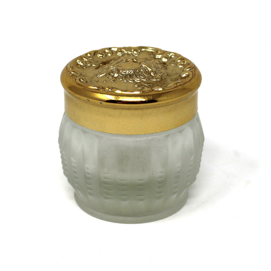 Vintage Mid Century Makeup Frosted Glass Jar, Golden Ornate Embossed Lid. Empty Estée Lauder Re-Nutriv Soufflé Collectible.