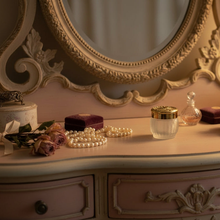 Cosmetics, Makeup Glass Jar, Estee Lauder Frosted Glass with Gold Lid, Empty, Re-Nutriv Souffle Makeup, Vintage