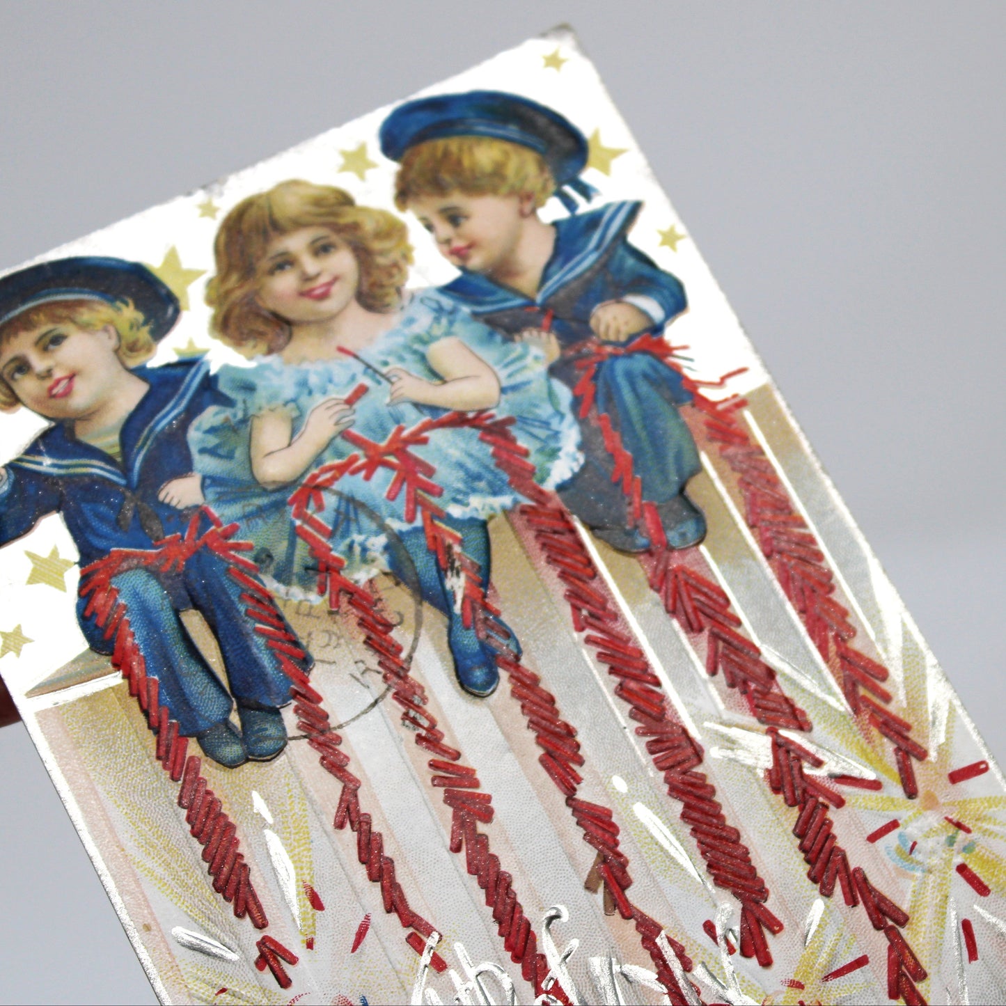 Postcards, Fourth of July, Children with Fireworks, Embossed / Metallic Lithograph, Antique Original