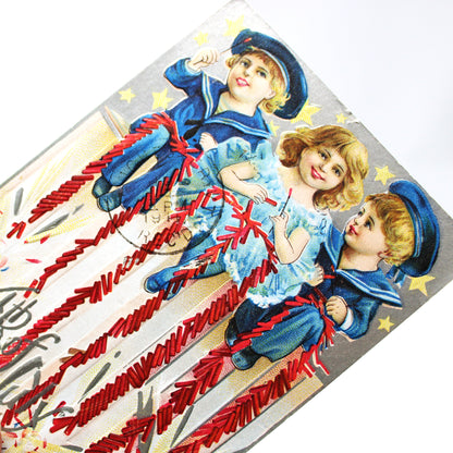Postcards, Fourth of July, Children with Fireworks, Embossed / Metallic Lithograph, Antique Original