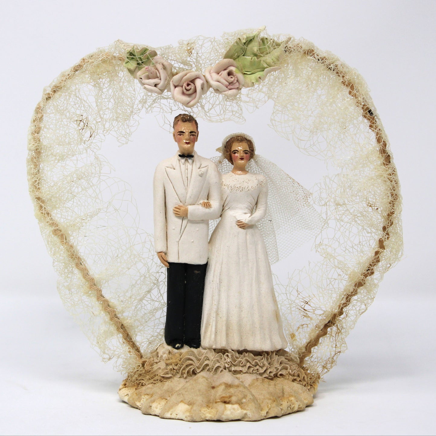 Cake Toppers, Bridal Chalkware Bride & Groom, Heart Shaped Tulle Arch, Hand Painted, Vintage 1930's