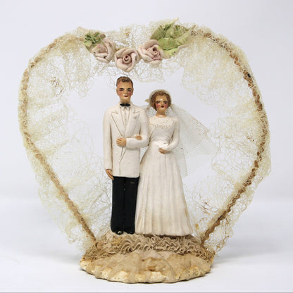 Cake Toppers, Bridal Chalkware Bride & Groom, Heart Shaped Tulle Arch, Hand Painted, Vintage 1930's