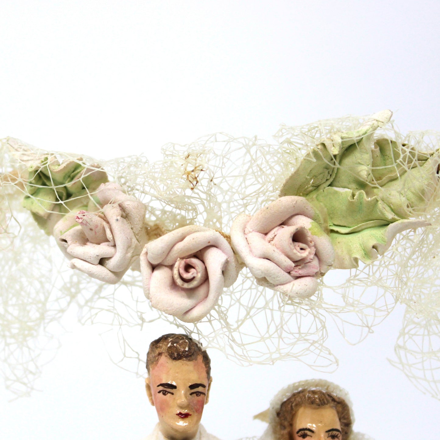 Cake Toppers, Bridal Chalkware Bride & Groom, Heart Shaped Tulle Arch, Hand Painted, Vintage 1930's