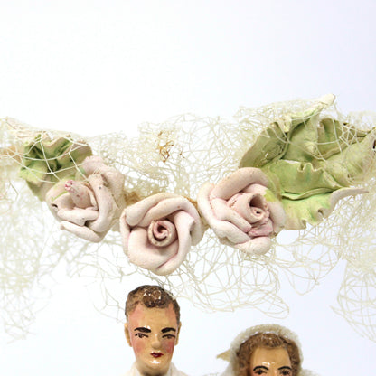 Cake Toppers, Bridal Chalkware Bride & Groom, Heart Shaped Tulle Arch, Hand Painted, Vintage 1930's