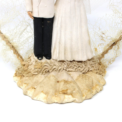 Cake Toppers, Bridal Chalkware Bride & Groom, Heart Shaped Tulle Arch, Hand Painted, Vintage 1930's