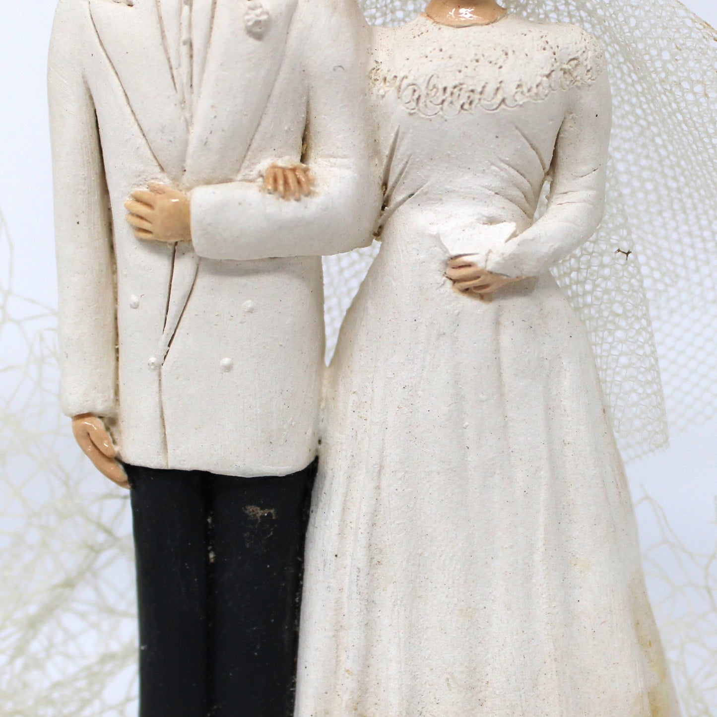 Cake Toppers, Bridal Chalkware Bride & Groom, Heart Shaped Tulle Arch, Hand Painted, Vintage 1930's