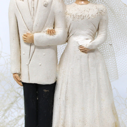 Cake Toppers, Bridal Chalkware Bride & Groom, Heart Shaped Tulle Arch, Hand Painted, Vintage 1930's