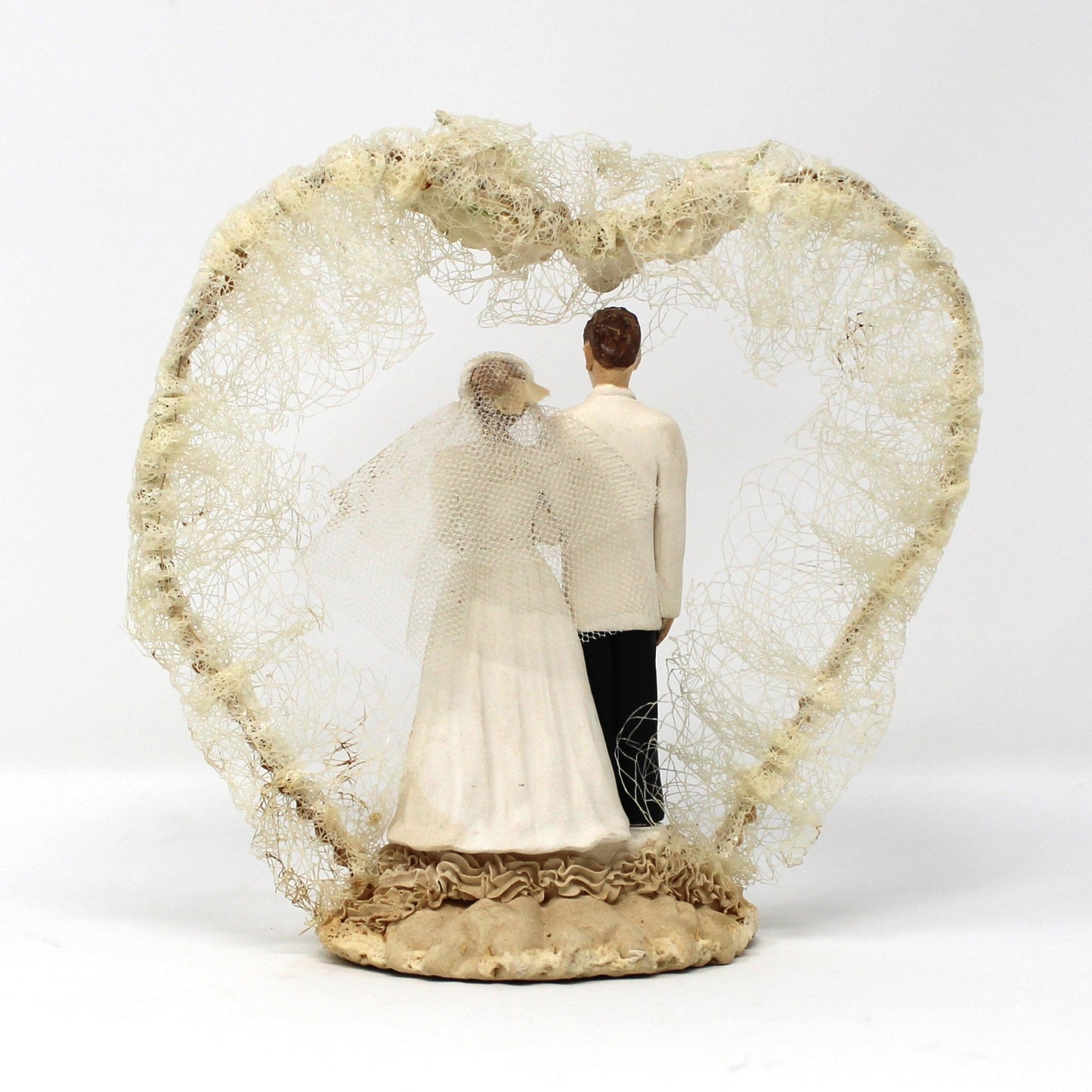 Cake Toppers, Bridal Chalkware Bride & Groom, Heart Shaped Tulle Arch, Hand Painted, Vintage 1930's