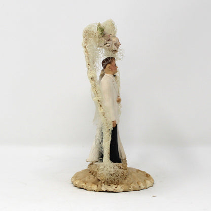 Cake Toppers, Bridal Chalkware Bride & Groom, Heart Shaped Tulle Arch, Hand Painted, Vintage 1930's