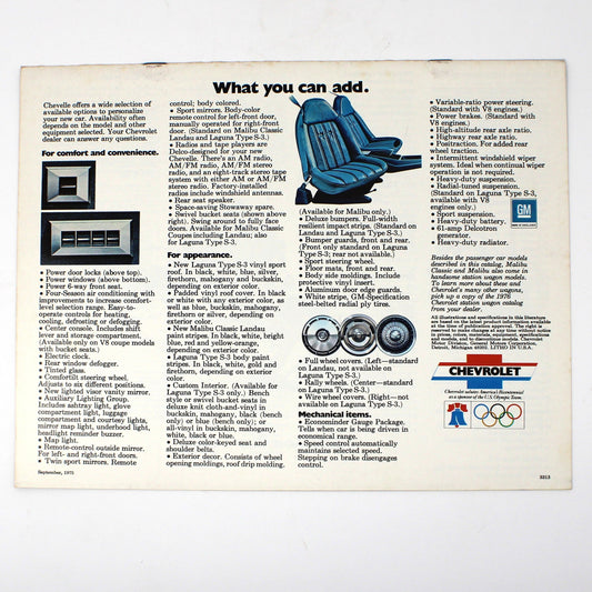 Brochure, 1976 Chevrolet Chevelle Car Sales Catalog, Dealer Advertising, Malibu Classic Landau, Laguna, NOS, Vintage