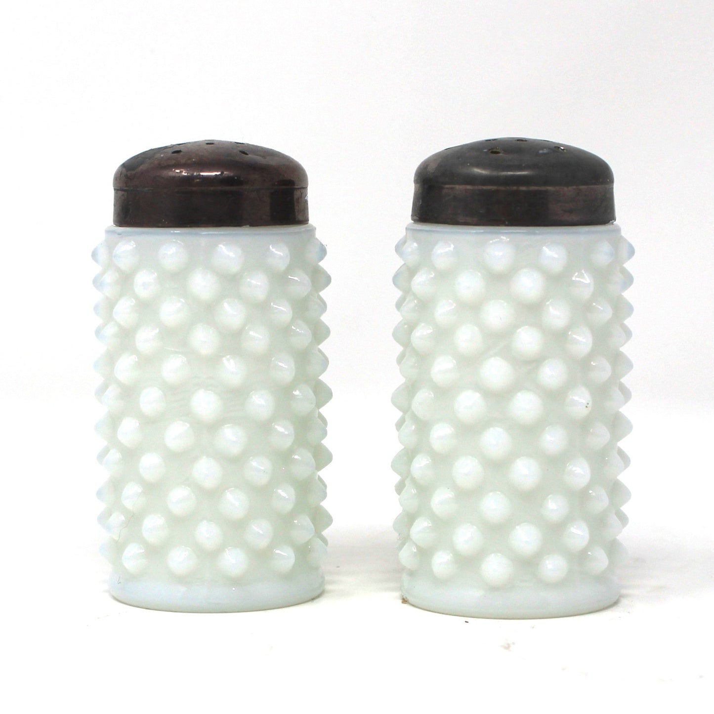 Salt and Pepper Shakers, Fenton Milk Glass Hobnail Pattern with Metal Lids, Vintage, Pre 1958