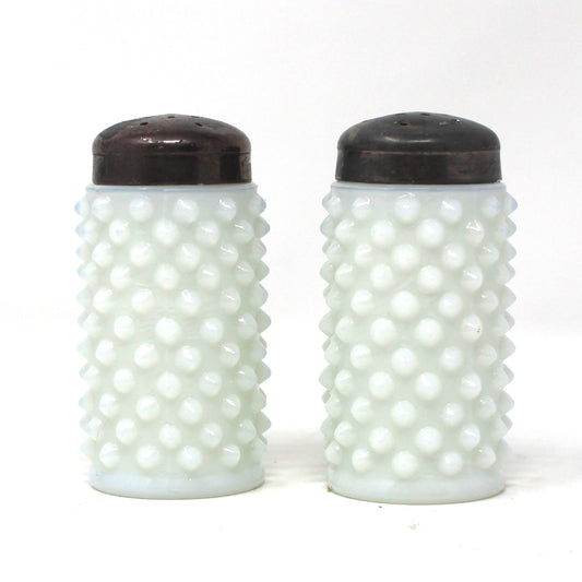 Salt and Pepper Shakers, Fenton Milk Glass Hobnail Pattern with Metal Lids, Vintage, Pre 1958