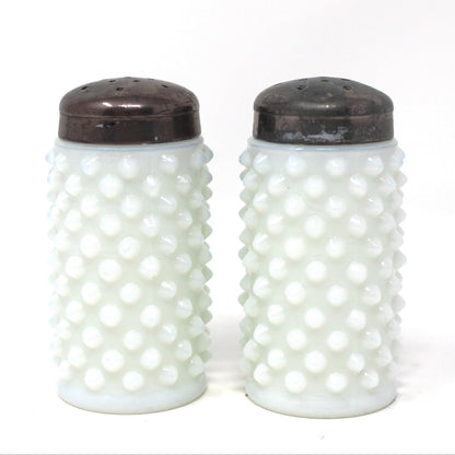 Salt and Pepper Shakers, Fenton Milk Glass Hobnail Pattern with Metal Lids, Vintage, Pre 1958