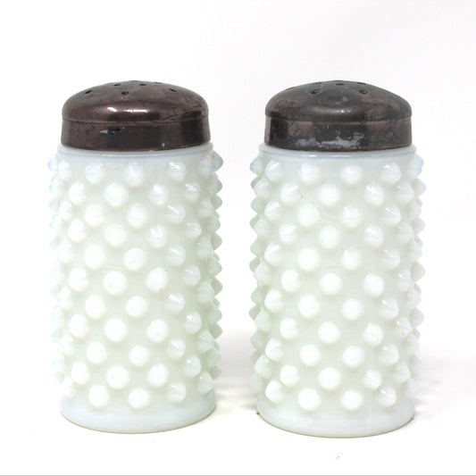Salt and Pepper Shakers, Fenton Milk Glass Hobnail Pattern with Metal Lids, Vintage, Pre 1958
