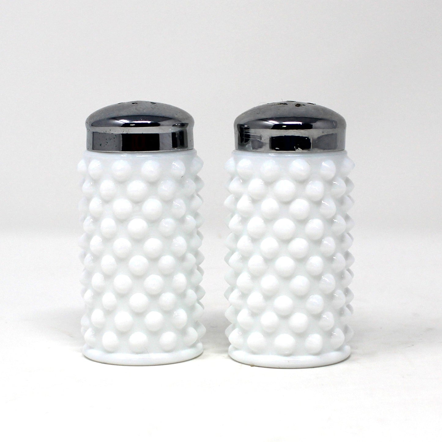 Salt and Pepper Shakers, Fenton Milk Glass Hobnail Pattern with Metal Lids, Vintage 1970's