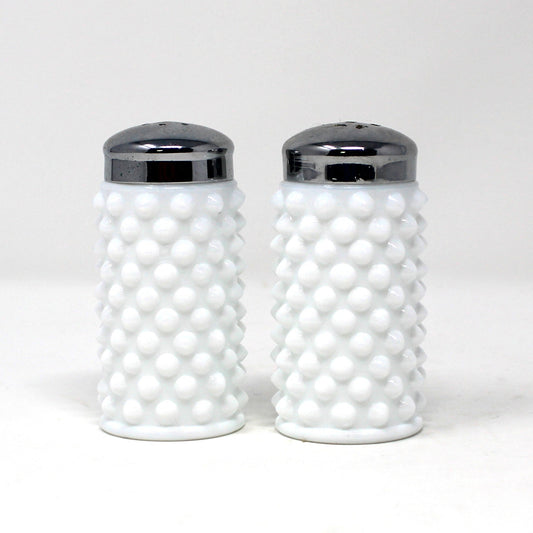 Salt and Pepper Shakers, Fenton Milk Glass Hobnail Pattern with Metal Lids, Vintage 1970's