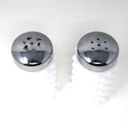 Salt and Pepper Shakers, Fenton Milk Glass Hobnail Pattern with Metal Lids, Vintage 1970's