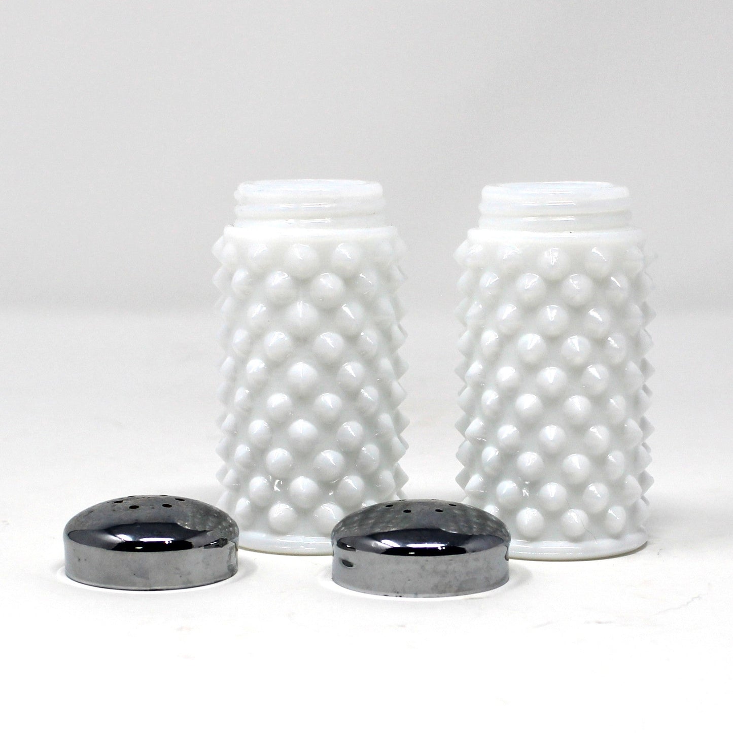 Salt and Pepper Shakers, Fenton Milk Glass Hobnail Pattern with Metal Lids, Vintage