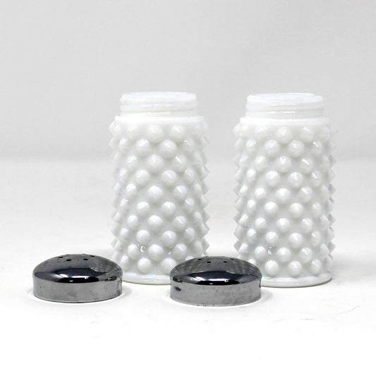 Salt and Pepper Shakers, Fenton Milk Glass Hobnail Pattern with Metal Lids, Vintage