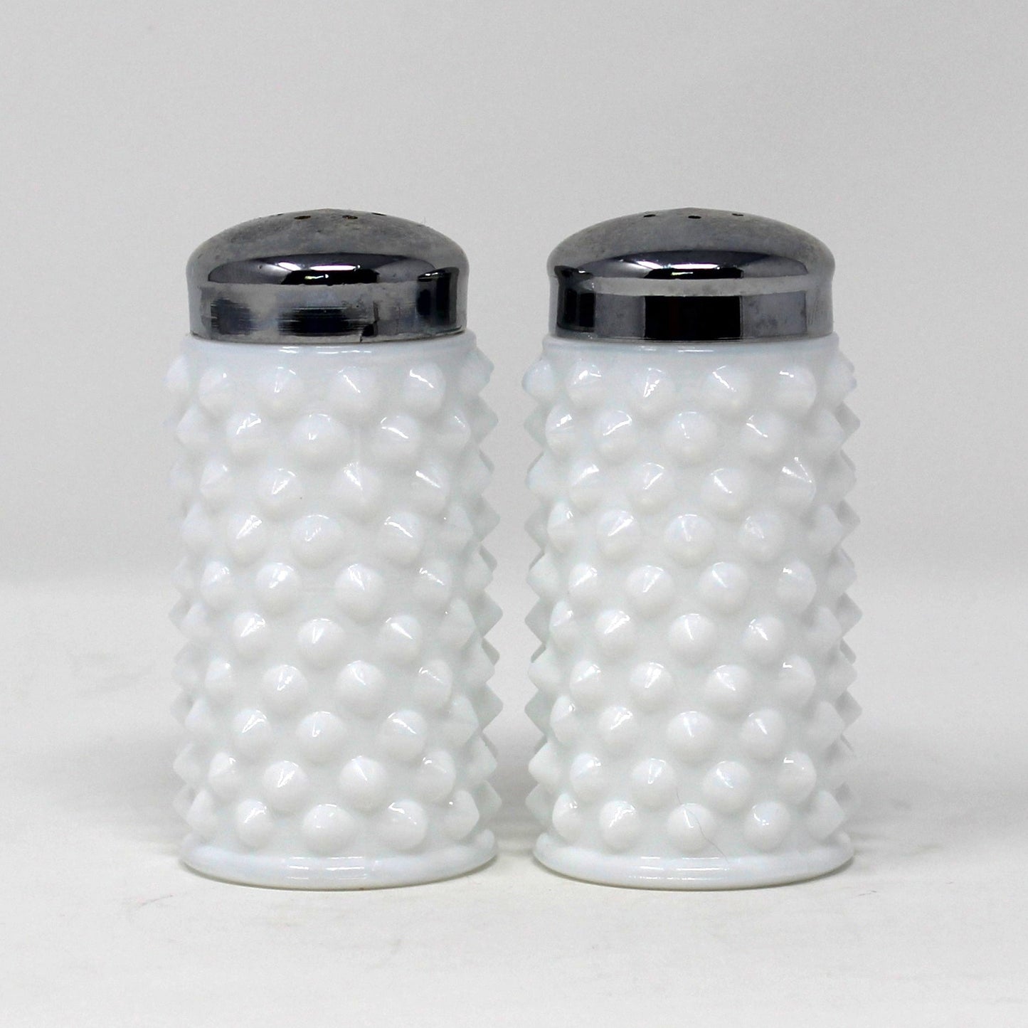 Salt and Pepper Shakers, Fenton Milk Glass Hobnail Pattern with Metal Lids, Vintage
