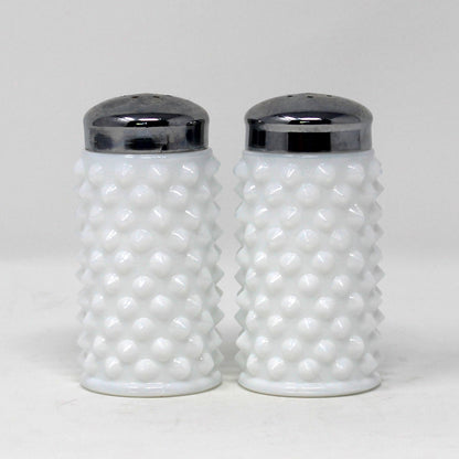 Salt and Pepper Shakers, Fenton Milk Glass Hobnail Pattern with Metal Lids, Vintage
