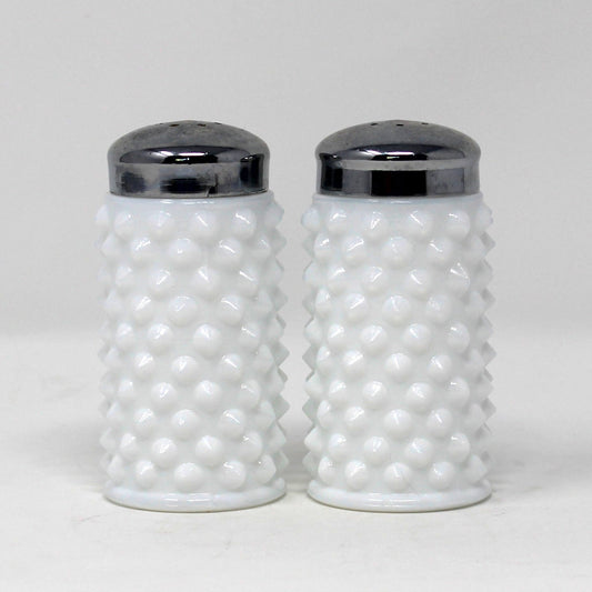 Salt and Pepper Shakers, Fenton Milk Glass Hobnail Pattern with Metal Lids, Vintage