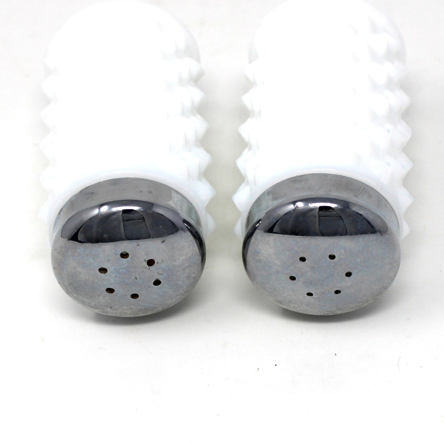 Salt and Pepper Shakers, Fenton Milk Glass Hobnail Pattern with Metal Lids, Vintage