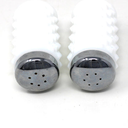 Salt and Pepper Shakers, Fenton Milk Glass Hobnail Pattern with Metal Lids, Vintage