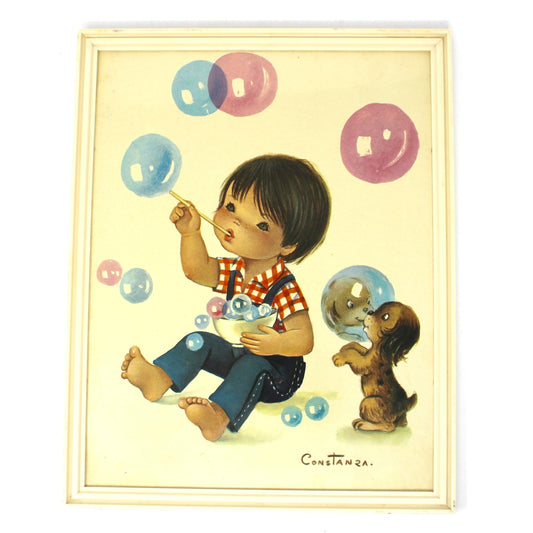 Print, Child Blowing Bubbles with Dog, Sandgaard Denmark Framed Art, Signed Constanza, Vintage