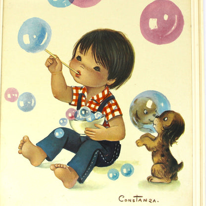 Illustration of a child blowing bubbles with a dog on a light yellow background